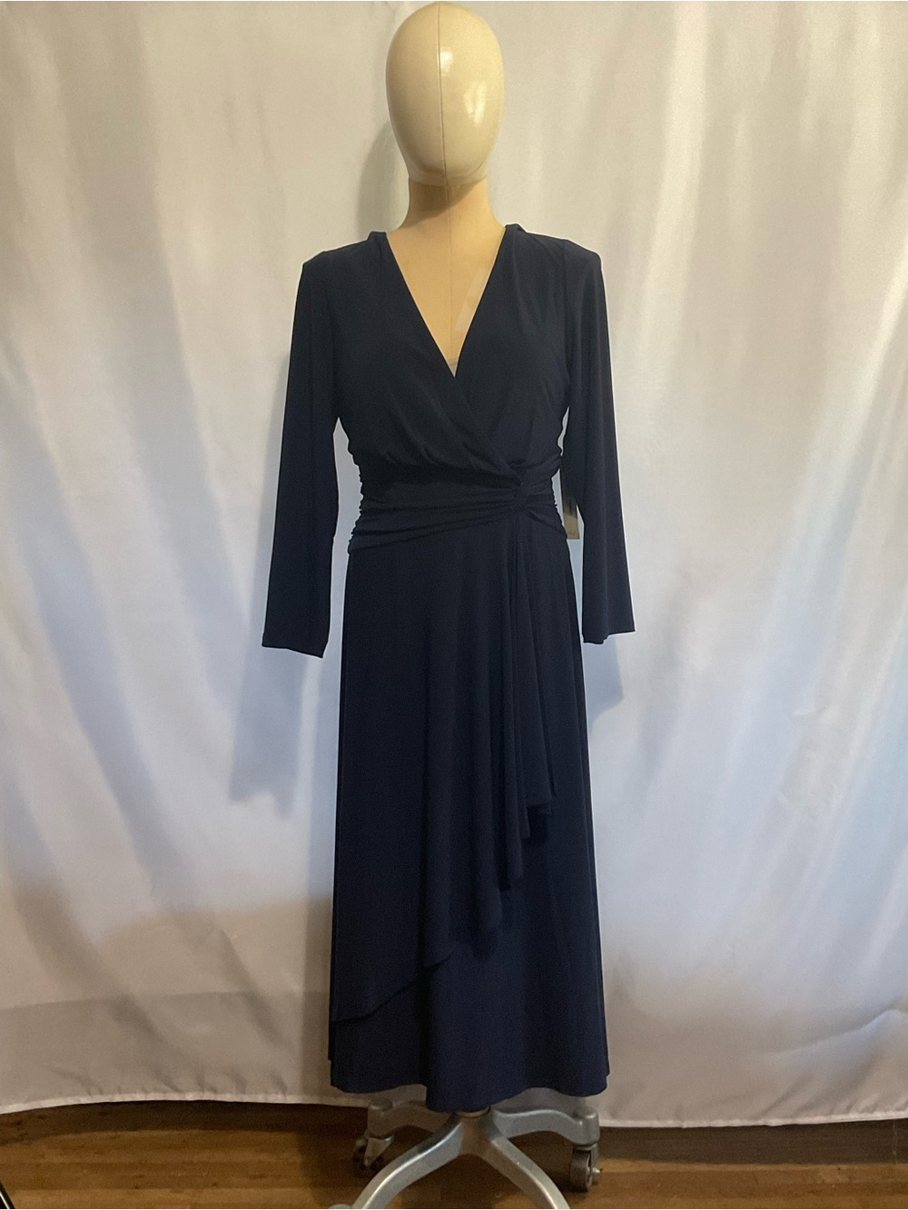 Eliza J Navy Blue Faux Wrap Maxi Dress Size 14 NWT 3/4 Sleeve Ruched Waist Forma - Picture 2 of 9